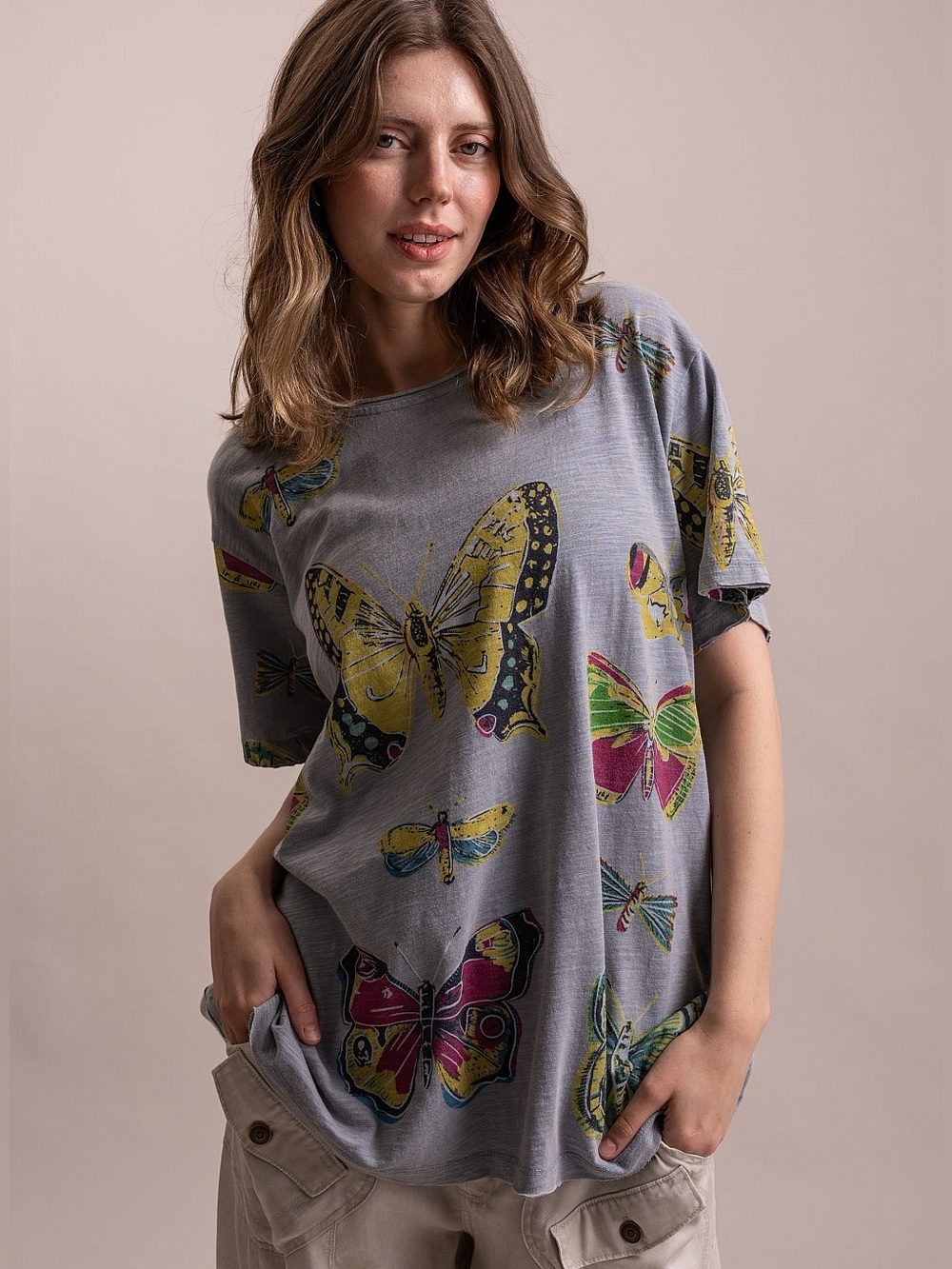 Short Sleeve Round Neck Butterfly Print Oversized T-Shirt